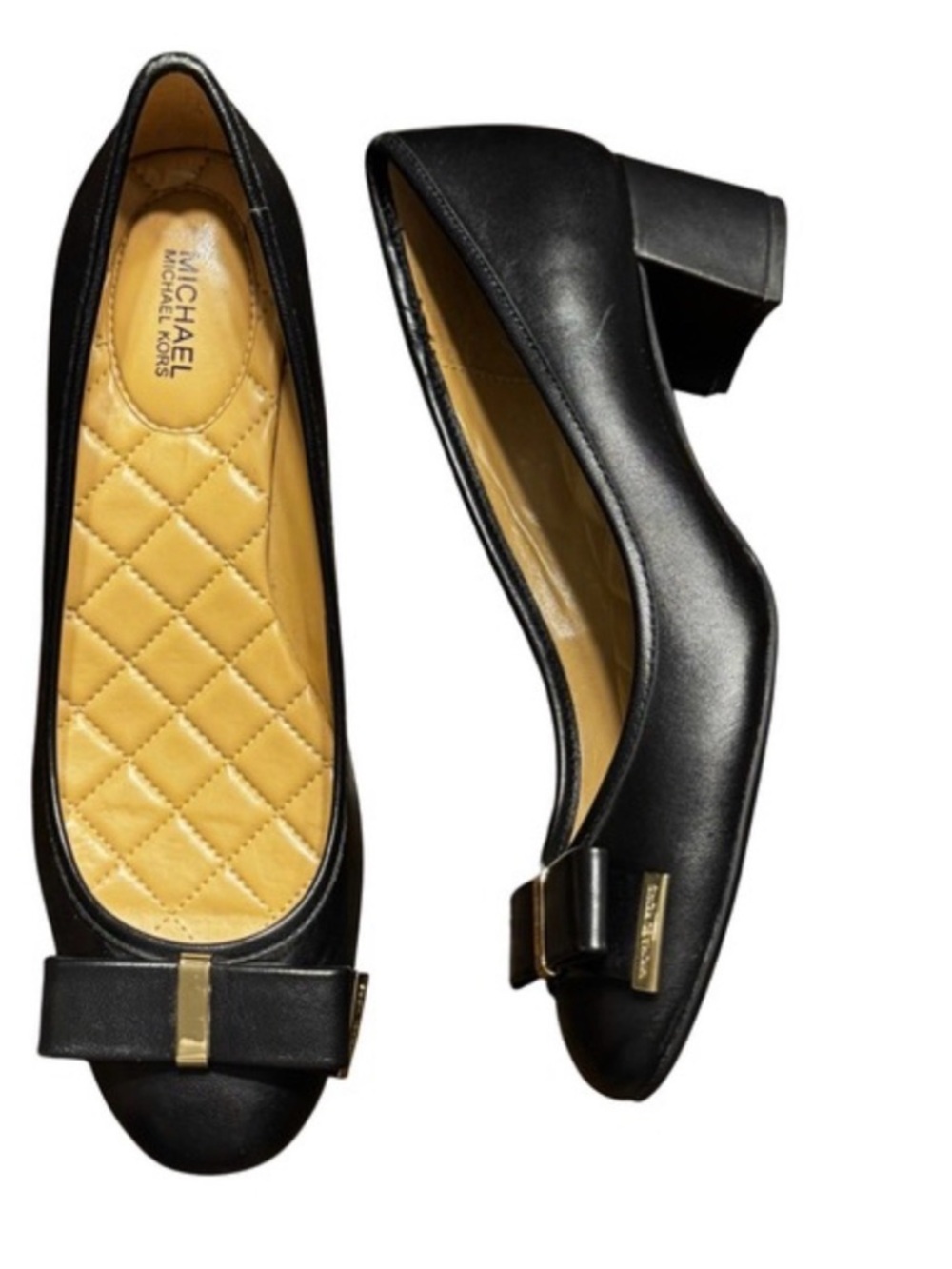 MICHAEL KORS BLAVK LEATHER BLOCKED HEELS WITH BOW